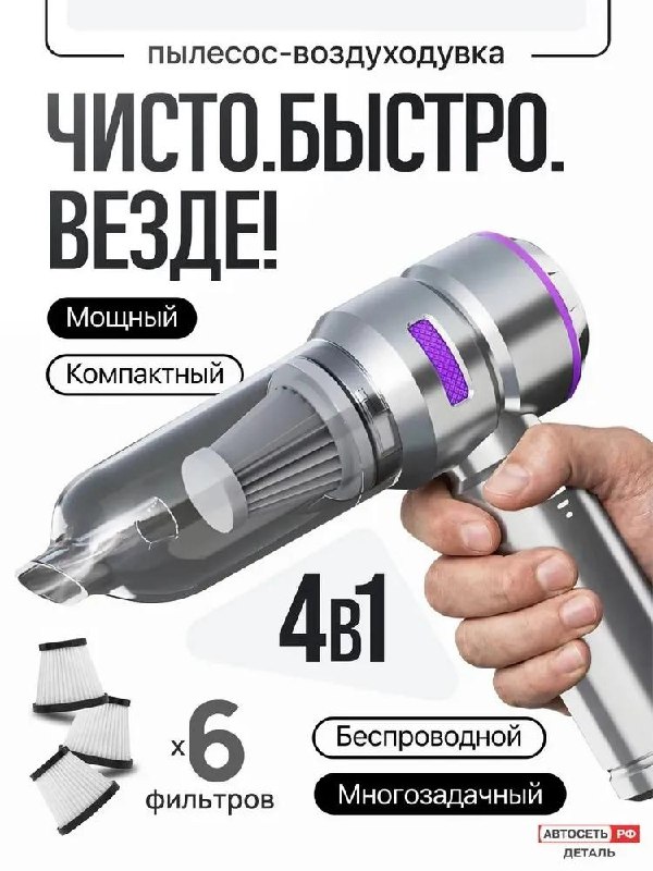 Пылесос для автомобиля беспроводной мощный с насадками 4в1