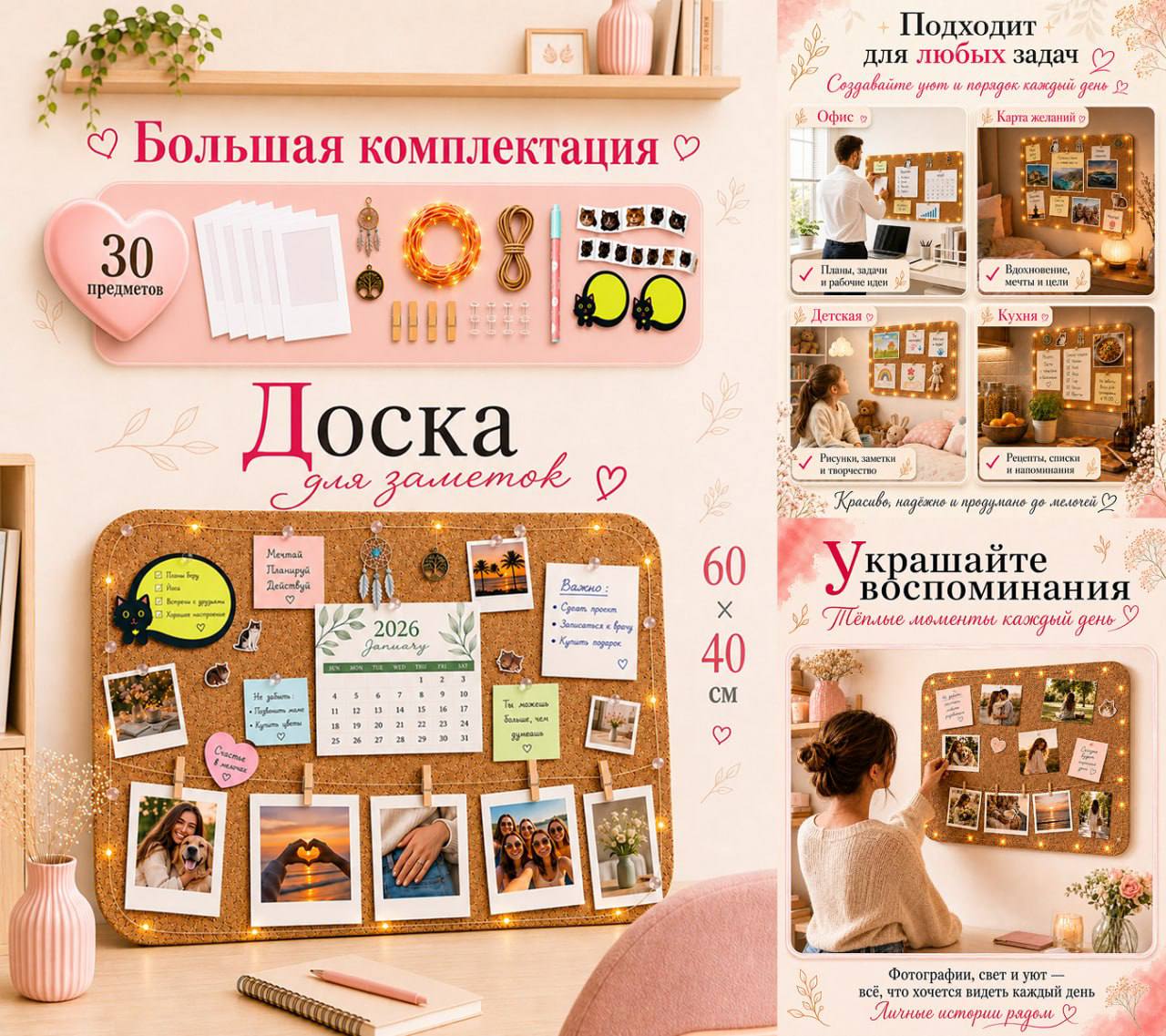Пробковая доска 60х40 см с широким комплектом для учебы