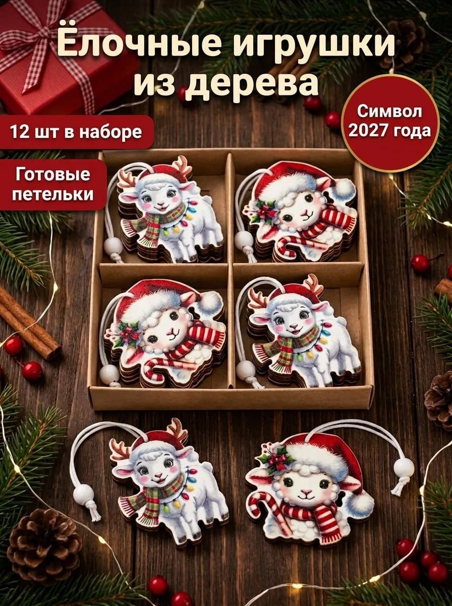 Деревянные игрушки на ёлку, Коза, 12 шт
